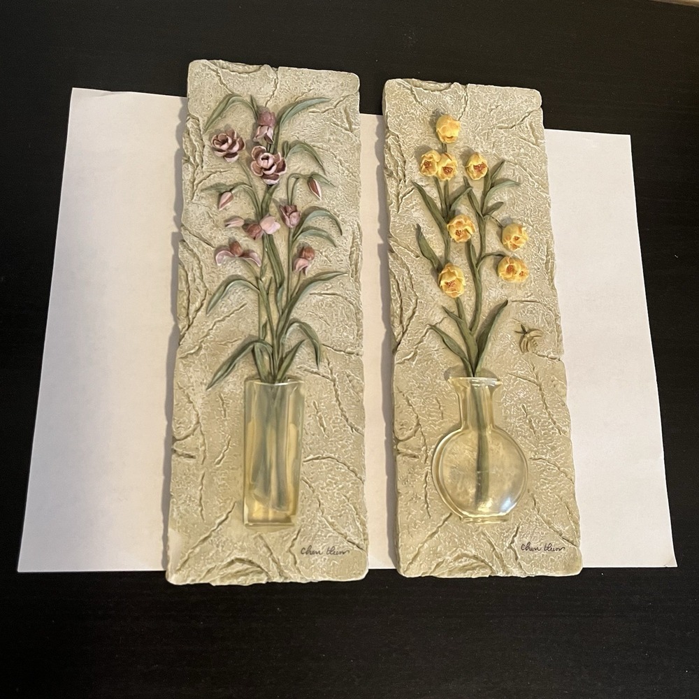 VTG Cheri Blum Floral 3D Wall  Plaque Set Of 2 90s Y2K Decor Shabby Chic